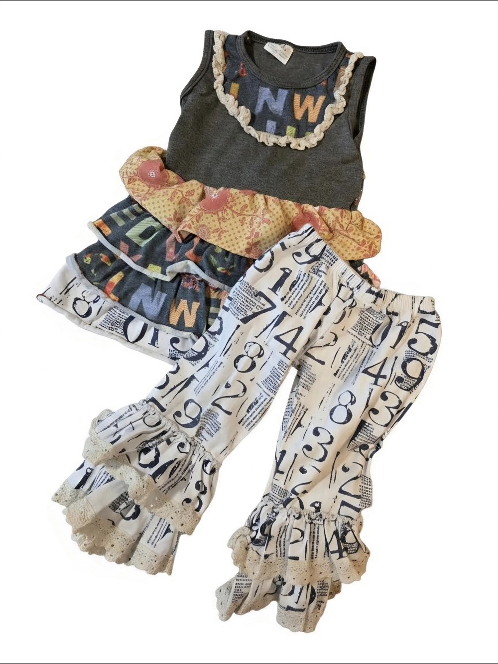 Vintage Style Alphabet Tunic & Newspaper Ruffle Pants Set - Boutique 6-12M